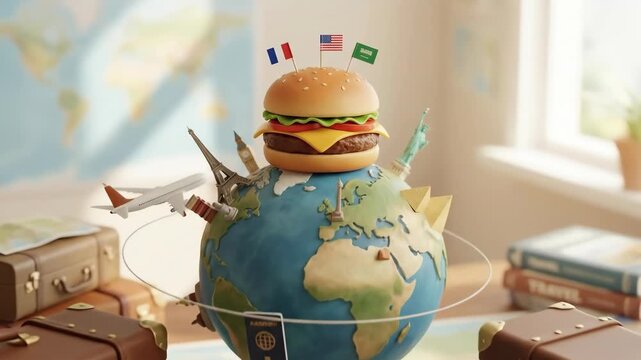 Creative burger with flags atop globe surrounded by famous landmarks, airplane, suitcase, and travel icons inspiring global tourism and adventure