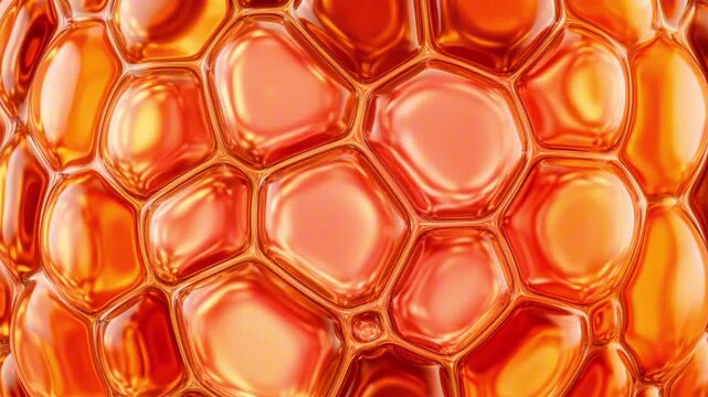 Close-up view of interconnected orange and yellow bubbles showcasing fluid dynamics and light reflections in a vibrant, abstract composition with a glossy surface