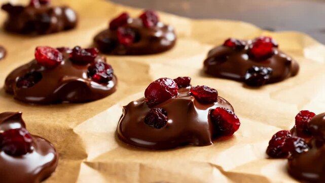 Closeup medium shot of melted chocolate infused with tangy dried cranberries forming delightful fruit and chocolate clusters on parchment paper.