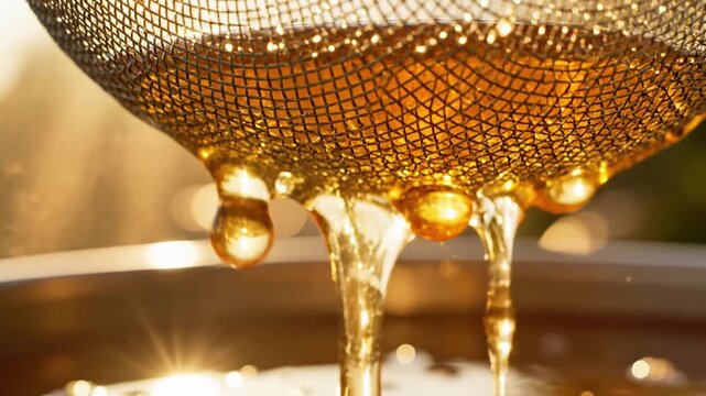 A close-up view of golden honey dripping through a metal mesh strainer