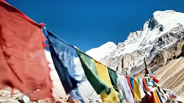 Colorful buddhist prayer flags wave in strong wind against majestic snowy mountain peaks during bright day representing spiritual peace and traditional culture in harsh highland conditions