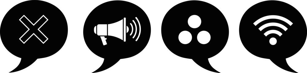 Speech bubble communication icons set with cross megaphone menu wifi symbols vector silhouette chat notification interface message isolated collection design