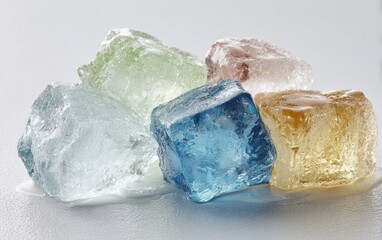Close-up of colorful, irregular, translucent ice-like objects on a light gray surface