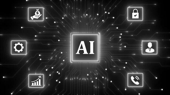 AI artificial intelligence and data mining. AI Deep learning. Computer chip technology. Futuristic cyber innovation automation and autonomous brain. AI text generative black background... ...