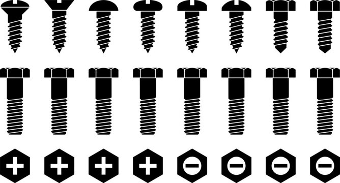 Set of black silhouette screw and bolt icons, symbolizing fasteners, hardware, construction, mechanical tools, and DIY design motifs