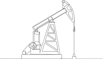 Continuous one line drawing of oil driling pumpjack. Oil pump oil rig energy industrial machine illustration. Editable vector.
