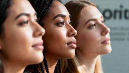 Obraz premium Three diverse women in profile looking towards the future. A multicultural group representing female empowerment, unity, and equality