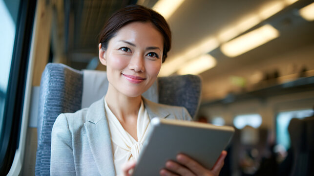A woman smiling and holding a tablet on a train.
