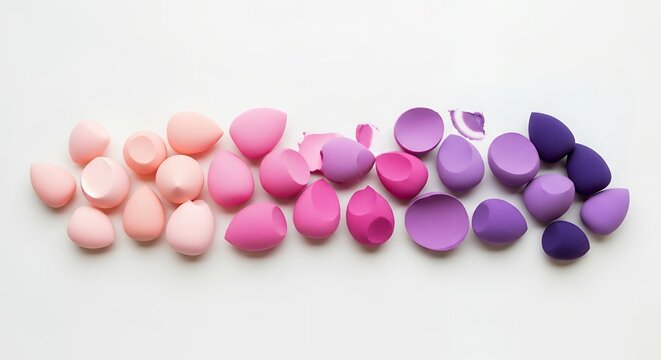 Gradient of pink to purple makeup sponges on a white background.