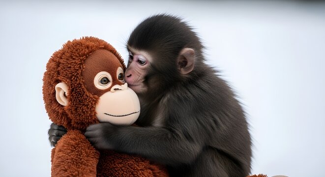 Baby Japanese Macaque with Mother Doll in Winter Close-Up.