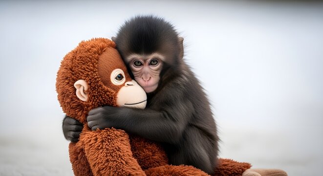 Baby Japanese Macaque with Mother Doll in Winter Close-Up.