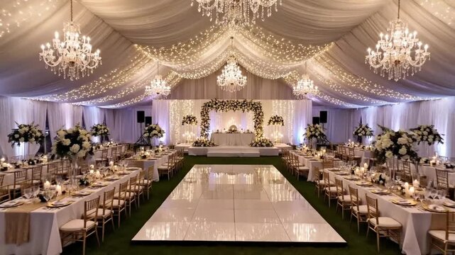 Beautiful wedding setup in a large tent filled with lights and flowers for an evening celebration