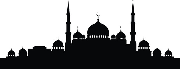 panoramic islamic mosque skyline silhouette with domes minarets and crescent symbols ramadan religious architecture black white vector © Jiam Creative