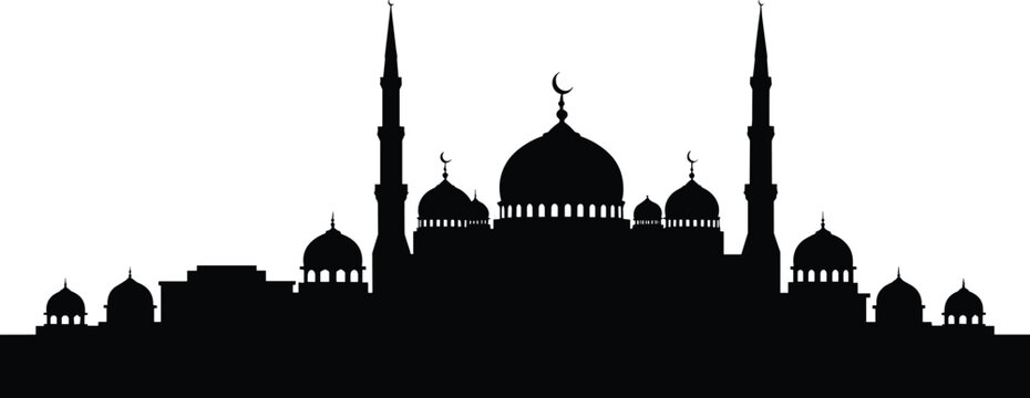 panoramic islamic mosque skyline silhouette with domes minarets and crescent symbols ramadan religious architecture black white vector