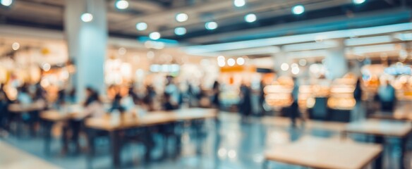 Obraz premium The food court bustling with blurred diners and warm ambient lights in mall