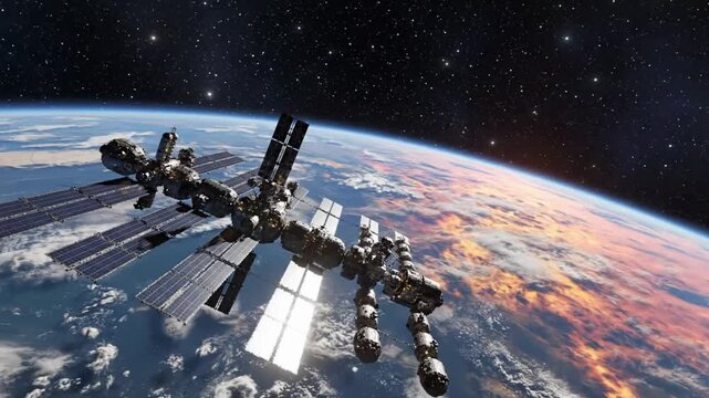 View of the International Space Station above Earth during orbit at sunrise