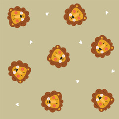 Fototapeta premium Seamless lion pattern on beige background random layout. This vector illustration suits fabric, nursery decor, wallpaper and gift wrap design.