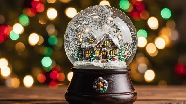 Snow globe with a winter house sits on a table in front of a Christmas tree with colorful lights