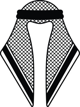 Stylized Middle Eastern keffiyeh ghutra vector illustration with black AGAL headband and bold striped edges, cultural attire design.