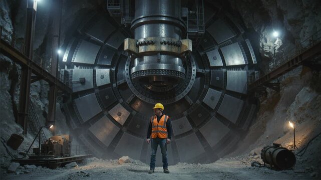 Male engineer in safety gear stands before a giant tunnel boring machine underground. The scene highlights industrial scale and engineering power. Ideal for construction and mining concepts.