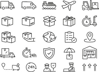 Fototapeta premium Vector monochrome logistics line icon set