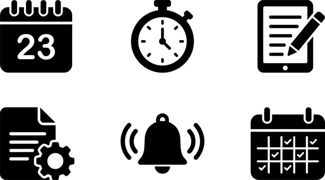 Set of six stylized black productivity and scheduling icons, symbolizing calendar, stopwatch, notifications, planning, configuration, and organization tools