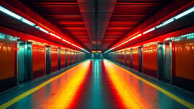 Vibrant subway station with illuminated signage and reflections