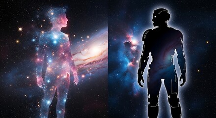 Fototapeta premium Cosmic Human and Futuristic Robot Silhouettes in Space Galaxy Background