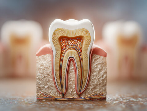 Detailed 3d medical illustration revealing the internal anatomy of a human tooth showing enamel, dentin, pulp, nerves, and blood vessels within the jawbone structure