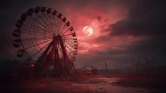 Desolate Amusement Park Featuring Ferris Wheel Silhouetted Against Dramatic Red Moonlit Sky During Twilight