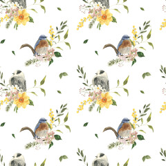 Watercolor spring yellow flowers and birds seamless pattern. Hand drawn illustration © Lidiia Chupryna