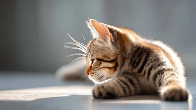 A cute young tabby cat is stretched out and sleeping comfortably in a bright patch of sunlight. The serene setting captures the essence of relaxation and warmth in a home environment
