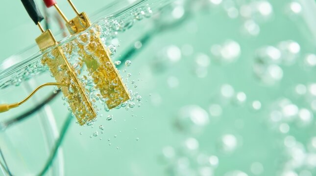 Golden metallic electrodes submerged in a clear green liquid actively producing and releasing many small bubbles