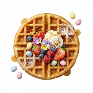 Waffle topped with fresh fruits and cream for Easter brunch isolated on white background