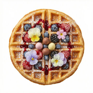 Waffle topped with berries, flowers, and chocolate balls isolated on white background