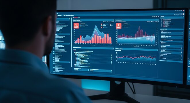 Person analyzing data on a computer screen with multiple graphs and charts