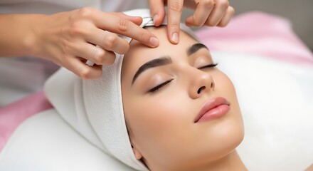 Fototapeta premium Woman receiving a relaxing facial massage in a spa with eyes closed