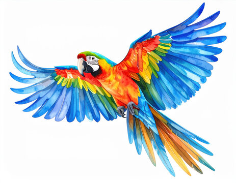 Vivid watercolor painting captures colorful parrot flapping wings motion with joyful expression. Beautiful artwork of flying scarlet macaw featuring bright blue feather detail isolated white