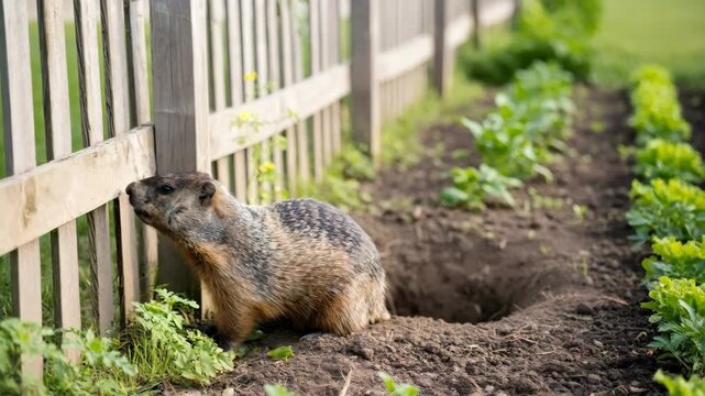 Groundhog emerges from burrow near garden rows, then walks along fence, a common rodent pest and agricultural threat.