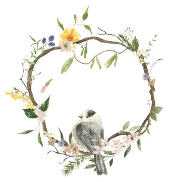 Watercolor tree branch frame with bird and spring flowers isolated. Hand drawn illustration