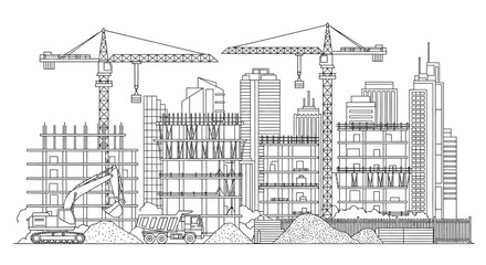 Obraz premium Detailed line drawing of a construction site with cranes and buildings