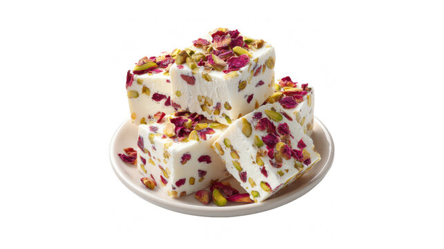Delicious traditional middle eastern turkish delight with pistachios and rose petals on a plate