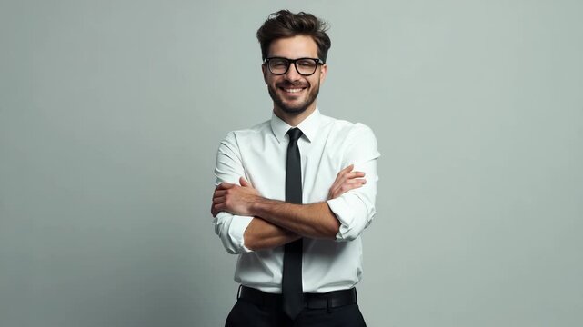 shot of attractive young business man bossy crossed arms friendly smiling meet colleagues look empty space wear specs white office shirt black pants tie isolated grey color background fashi.
