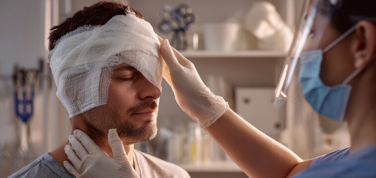 The patient with head bandage receiving compassionate wound care from healthcare professional
