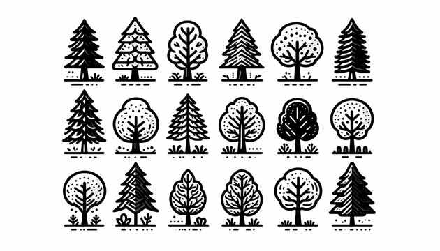 Set of black hand drawn pine and deciduous tree icons