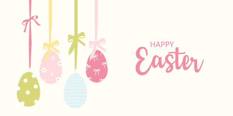 Happy Easter greeting card design featuring a hanging decorative eggs and ribbon bows © Huma Fida