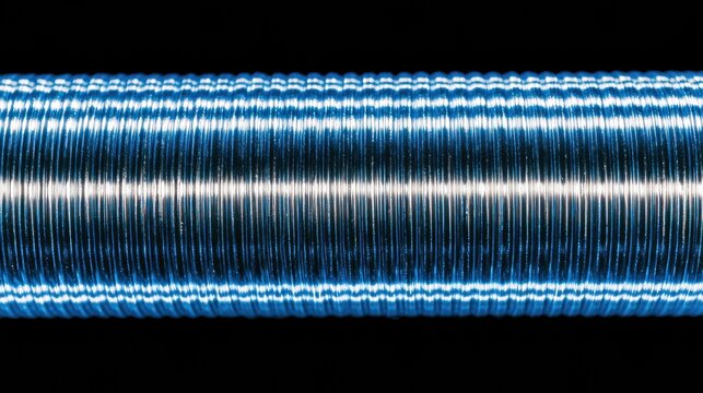 Close up View of Aluminum Foil Ducting Showing Ribbed Reflective Surface With Blue Light on Left Side and Black Background