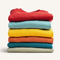 A neatly stacked pile of folded, vibrantly colored t-shirts on a neutral background