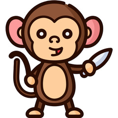 Obraz premium Mischievous Cartoon Monkey Holding a Knife Vector Illustration, Playful Primate Character with a Sharp Object, Humorous Danger Concept Graphic Design.