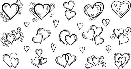 Fototapeta premium Collection of various hand-drawn black and white heart icons featuring decorative swirls, double hearts, nested shapes, and minimalist outlines isolated on white background
